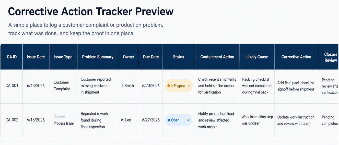 Preview image of the Corrective Action Tracker spreadsheet workflow
